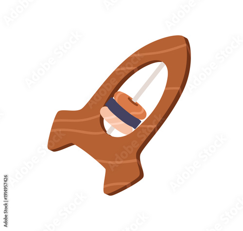 Rocket shaped rattle, wooden toy for baby. Wood spacecraft noisemaker. Spaceship noise-maker for shaking sound, soothing play, infant game. Flat vector illustration isolated on white background