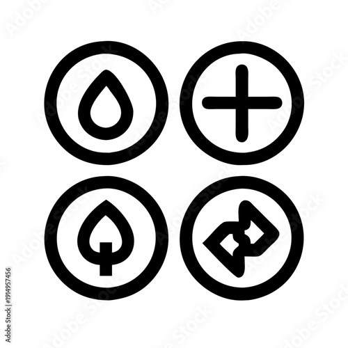 Four distinct symbols enclosed in circular borders with bold outlines