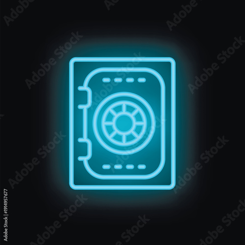 Glowing neon icon of a bank vault safe representing security and protection