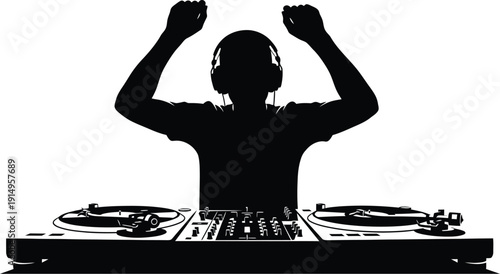 DJ silhouette raises hands above sound mixer and turntables in excitement.
