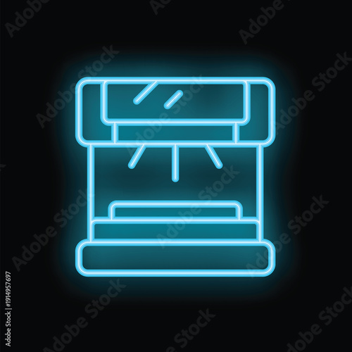 Blue glowing neon icon of a plotter printing machine using inkjet for large format posters on a black background