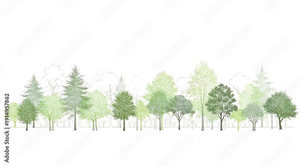 Obraz premium A row of trees in various shades of green