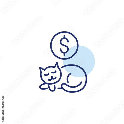 Sleeping cat and dollar. Pet cost, cat care payment, veterinary expense. Pixel perfect, editable stroke vector icon