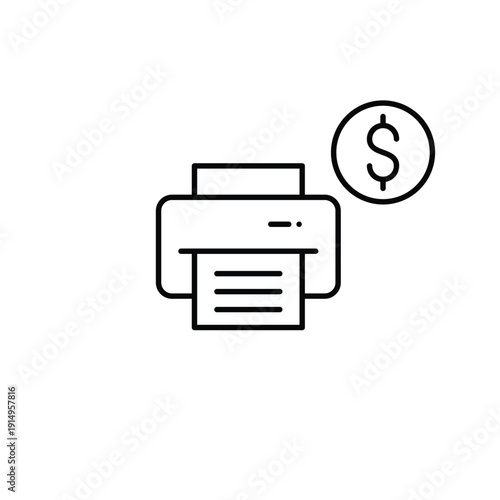 Printer and dollar. Purchase cost, office equipment payment. Pixel perfect, editable stroke vector icon
