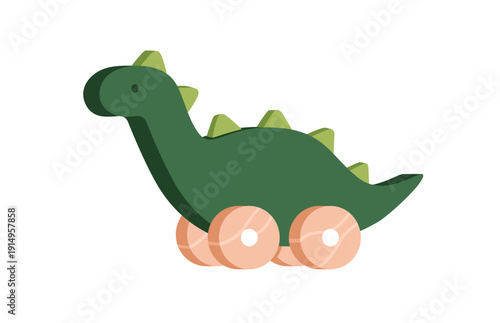 Dragon, pull toy on wheels. Wooden dinosaur figure, rolling animal for child play, preschool nursery and kindergarten game. Funny kids transport. Flat vector illustration isolated on white background