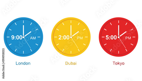 Three colorful clocks showing different times in London, Dubai, and Tokyo, illustrating global time zones.