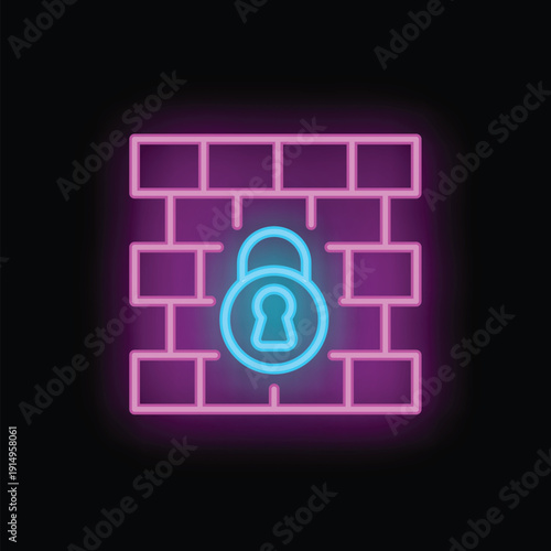 Neon illustration of a padlock closing a brick wall, symbolizing security and protection