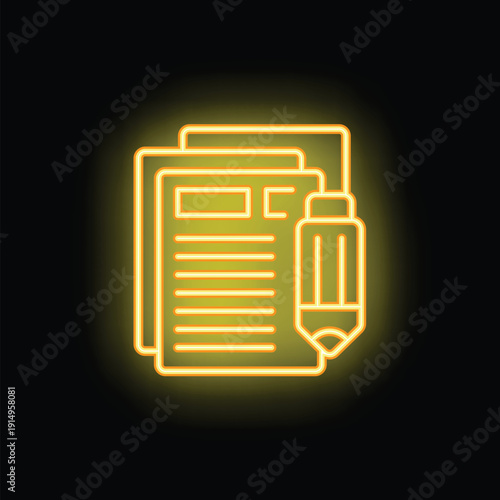 Neon sign showing the concept of content creation with a pencil taking notes on a piece of paper