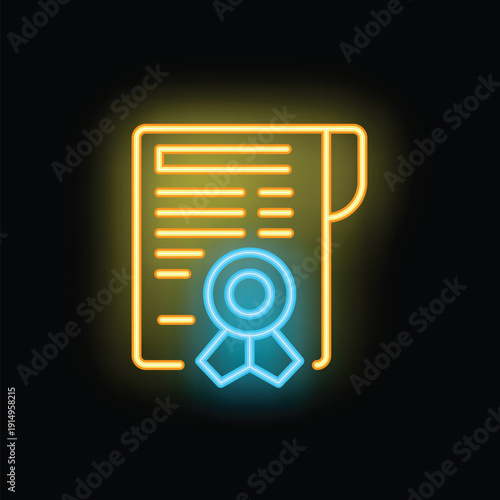 Neon icon of an official document with a blue guarantee seal representing trust and quality