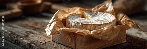 Panel kuchenny z motywem Camembert cheese in rustic wooden box on wood