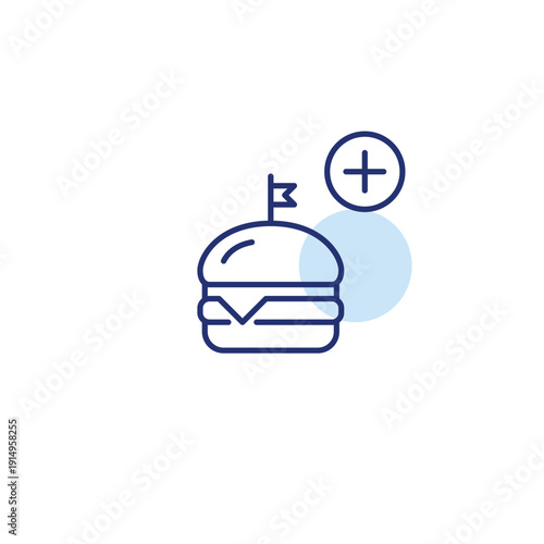 Add meal to order. Burger and plus symbol. Extra food. Pixel perfect, editable stroke vector icon
