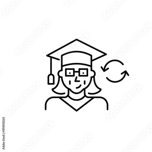 Elderly woman in graduation mortarboard and renew arrows. Senior education, lifelong learning cycle. Pixel perfect, editable stroke vector icon