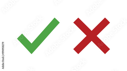 Minimalist green check mark and red cross vector icon set featuring flat graphic symbols for approval and rejection isolated on transparent background.