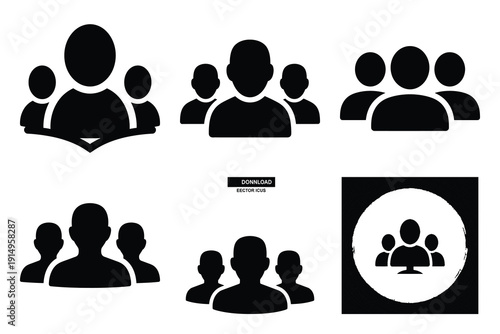 Popular silhouette icons of  user group on white background.