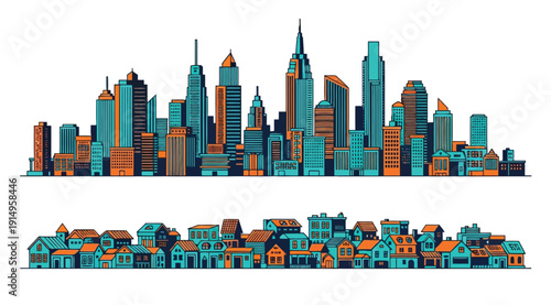 A city skyline with buildings and houses