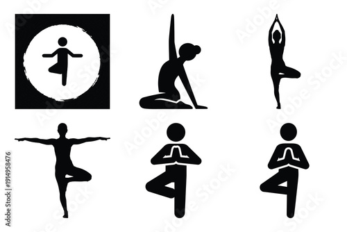 Popular silhouette icons of  yoga pose on white background.