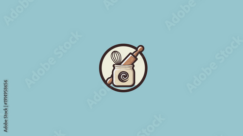 A circular graphic featuring baking utensils inside a jar, all set against a calming blue background
