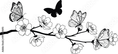 Elegant black and white line art illustration featuring butterflies on a delicate spring flowering branch