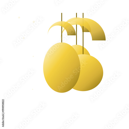 Yellow citrus fruits hanging from sticks on white background.