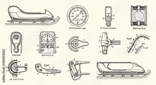 Vintage Bobsled and Components: Detailed Illustration of Historical Winter Sports Equipment