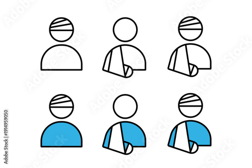 頭や腕を怪我した人物のアイコンセット