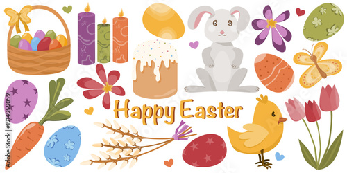 Easter illustration with holiday elements. Includes a wicker basket filled with colorful eggs, decorated candles, a whimsical rabbit, spring flowers, and patterned eggs.