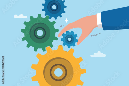 Solution or leadership to solve problem, assist team to progress technical issue, fix or repair effort, expertise or innovation process, businessman hand put gear cogwheels to fix technical problem.