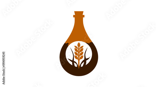 A simple brown graphic with a bottle shape and a wheat motif inside a brown droplet