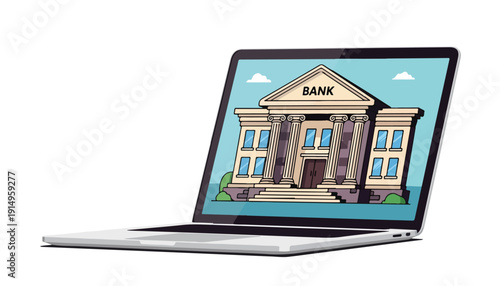 A laptop displaying a digital illustration of a classic bank building with columns and "BANK" written on its facade, symbolizing online banking.
