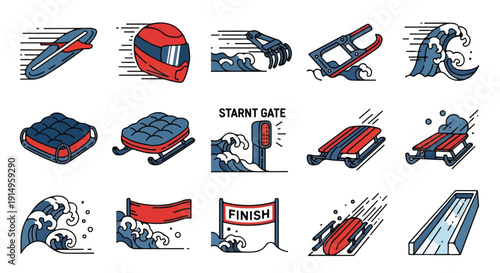 Winter Sports Icon Set: Sledding, Bobsled, Snowboarding, and Racing Elements with Waves and Finish Line