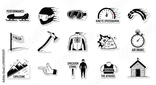 Set of hand-drawn icons representing sports, adventure, and competition, including bobsled, helmet, goggles, speedometer, finish line, axe, stopwatch, mountains, and church.