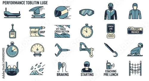 Dynamic collection of bobsled, luge, and toboggan winter sports icons: athletes, equipment, track, and race actions for competition and recreation.