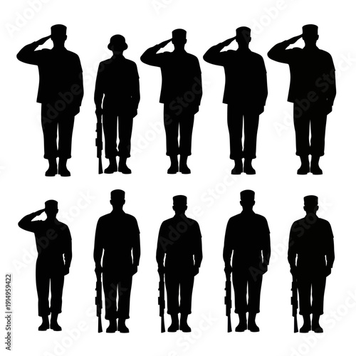 Silhouettes of soldiers saluting in various uniforms and poses.