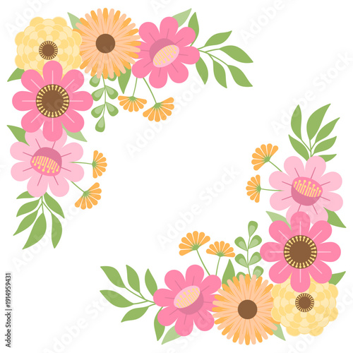 Bright floral wreath with pink and yellow flowers, green leaves and small orange blossoms creating cheerful spring frame with gentle flow and soft pastel tones