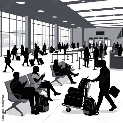 Busy airport terminal with travelers waiting and moving around.