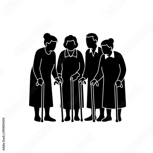 Group of elderly people standing together with walking sticks.