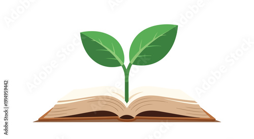 A vibrant green plant sprout emerging from an open book, symbolizing education, knowledge, and personal growth.