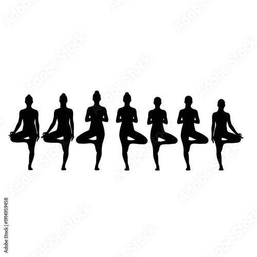 Group of people practicing yoga in various poses together.