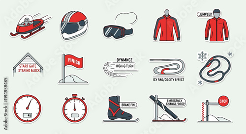 Winter Sports Bobsledding, Luge, and Skeleton Race Icons Set. Vector illustrations of equipment, track elements, and timing for competitive winter sports.