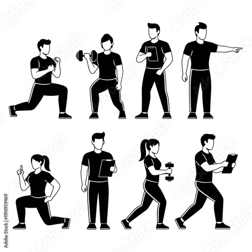 Vector illustrations of people exercising and working out in various poses.