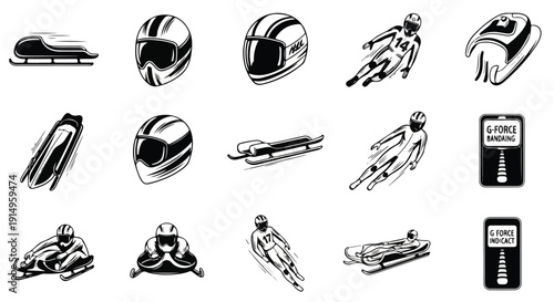 Winter Sliding Sports Vector Icons Set: Bobsled, Luge, and Skeleton Athletes, Sleds, and Helmets for Extreme Ice Racing Competitions