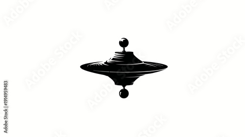 A black and white stylized illustration of a spinning top toy on a white background