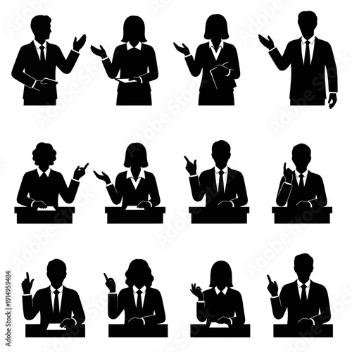 Silhouettes of business professionals presenting at a podium.