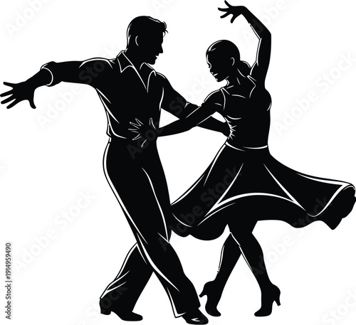 Couple silhouettes performing a passionate Latin dance move with dramatic.