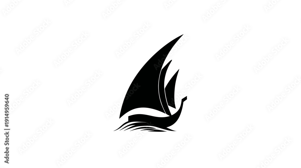 Fototapeta premium A stylized black sailboat, with large curved sails, traversing waves. Clean, minimalist design