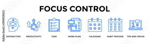 Focus Control Banner Web Icon Set Collection Pack Vector Illustration Concept For Distraction, Productivity, Task, Work Plan, Calendar, Habit Tracker, Tips And Tricks