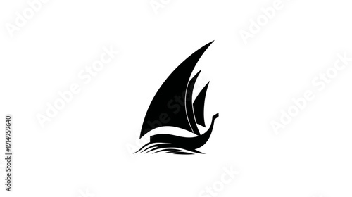 A stylized black sailboat, with large curved sails, traversing waves. Clean, minimalist design