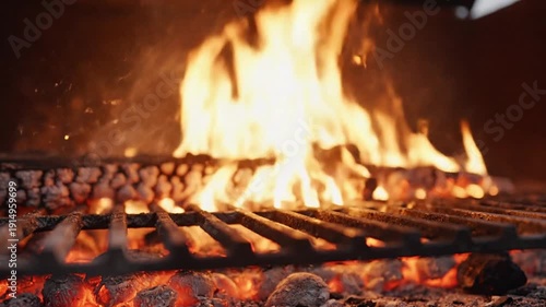 Burning Grill with Flames and Coals