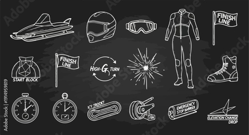 Collection of racing and speed sport icons and symbols hand-drawn on a chalkboard background