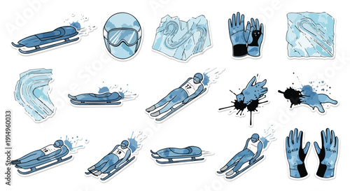 Winter Bobsleigh Sports Icons Set: Bobsled, Helmet, Gloves, Ice, and Track Elements